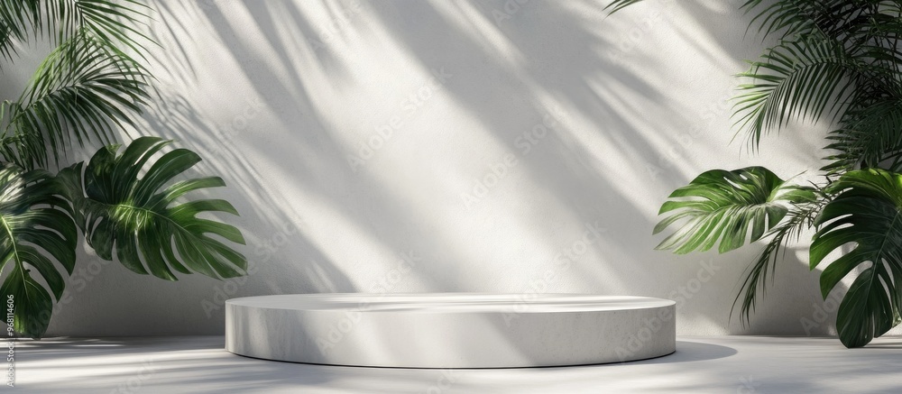 Poster display podium stand featuring natural leaves casting a shadow on a white background 3d rendering