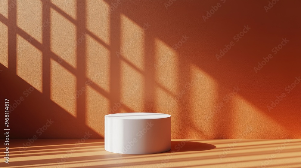 Leinwandbilder simple minimal 3d render featuring a white cylinder podium on an abstract bright orange background w