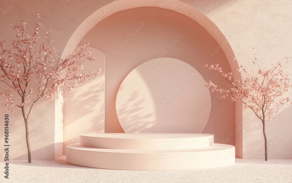 Aufkleber empty rose colored podium featuring geometric shapes in a beige composition designed for modern stag