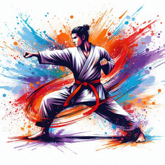 Dynamic martial artist executing a powerful move with colorful energy


