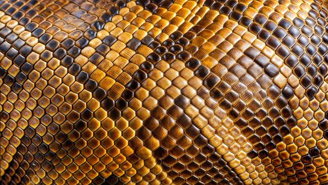 Close-up of python skin texture with intricate brown and yellow patterns
