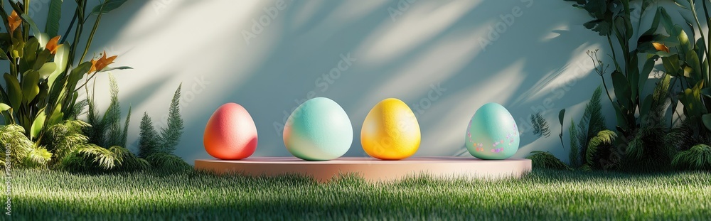 Poster Easter holiday greeting card featuring vibrant painted eggs Three dimensional rendering of a podium and display set against lush green grass complemented by a subtle botanical background with shad