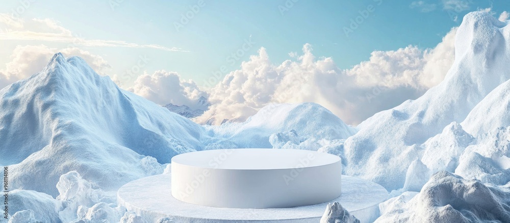 Poster abstract 3d rendering of a winter scene featuring a natural podium background with a white podium ag