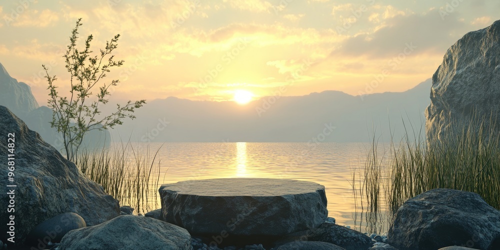 Poster Abstract 3D rendered silhouette scene with a natural podium backdrop featuring a stone podium by a body of water surrounded by rocks stone and grass at sunset suitable for product display advertis