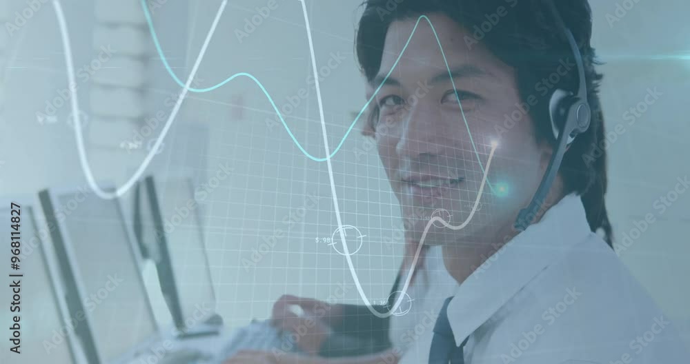 Poster animation of financial data processing over asian businessman using phone headset and computer