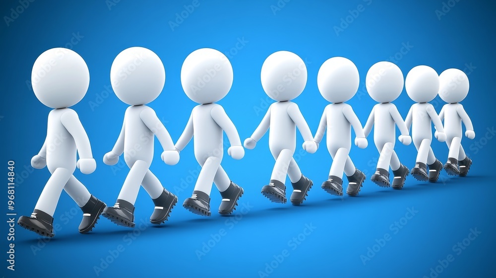 Poster a sequence of 3d stick figures walking in a line against a vibrant blue background, representing mov