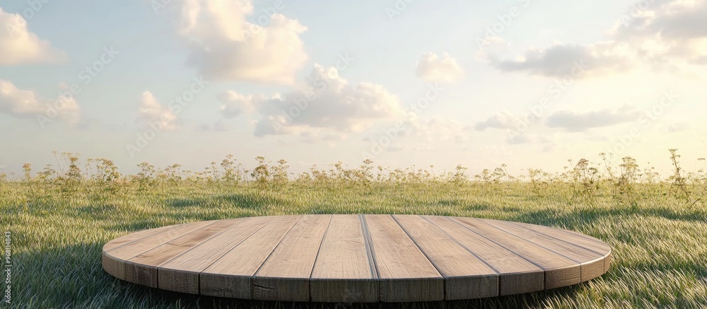 Aufkleber Wooden podium in a field for product showcasing with a white background 3D rendering