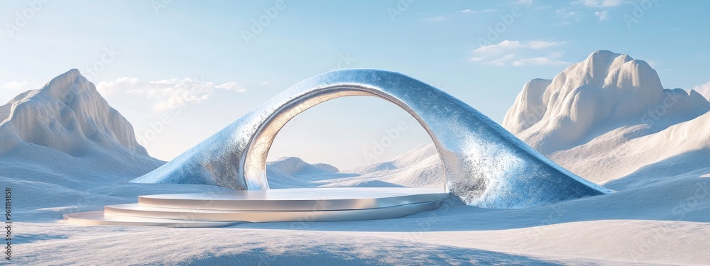 Poster Abstract sand dune cliffs with a metallic podium platform Surreal natural landscape of a desert featuring glossy metallic geometric arches 3D rendering