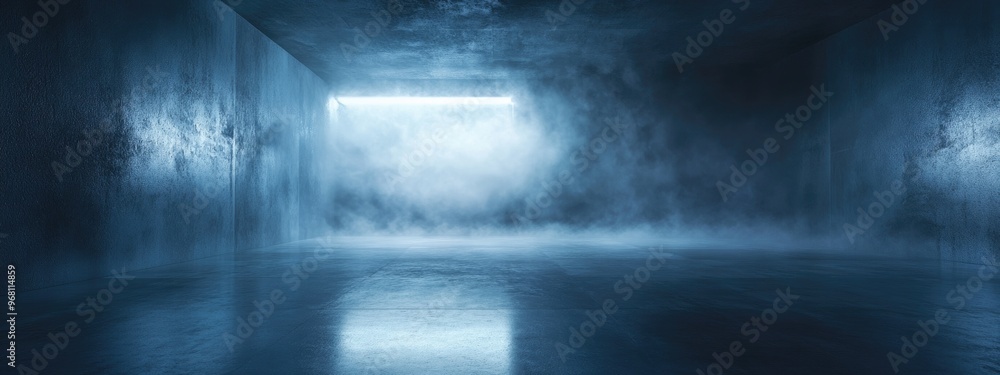 Poster dimly lit interior space featuring walls and floor with concentrated textures enveloped in fog and m