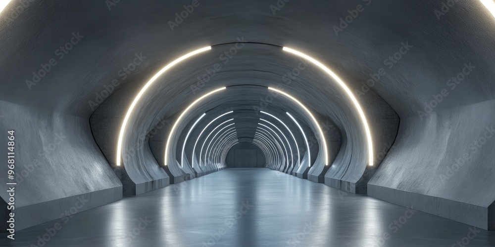 Aufkleber futuristic illuminated lamps in a gray tunnel interior 3d rendering