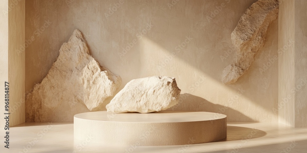 Poster abstract beige backdrop featuring natural stone and a podium in 3d render
