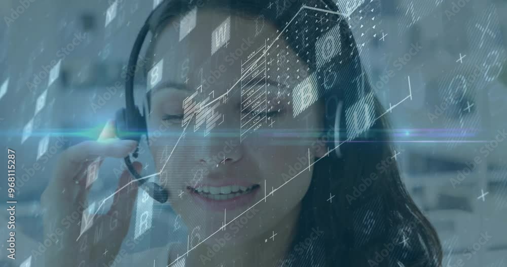 Aufkleber animation of data processing over caucasian businesswoman using phone headset and computer