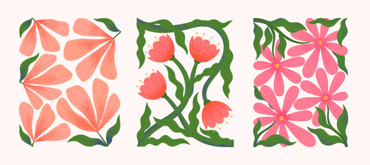 Abstact flowers vector compositions with hand drawn florals.Modern botany illustrations for prints,flyers,banners,invitations,branding design,covers,home decoration