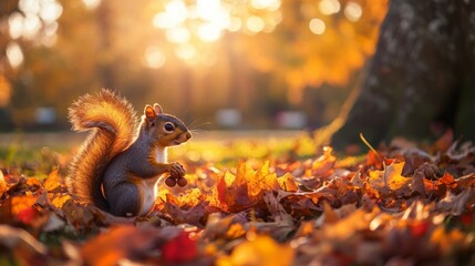 Obraz premium A Squirrel Sitting in Autumn Leaves, Holding Acorns
