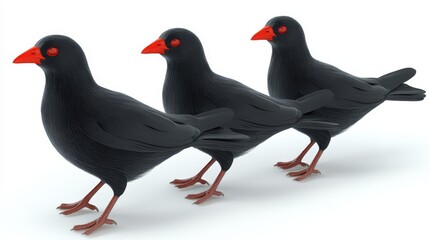 Fototapeta premium A trio of stylish, black birds with striking red beaks and eyes, perfect for decorative or artistic themes.
