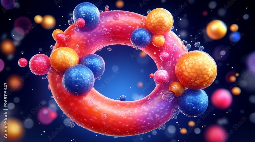 Poster a vibrant abstract image featuring colorful spheres and rings, symbolizing molecular structures in a