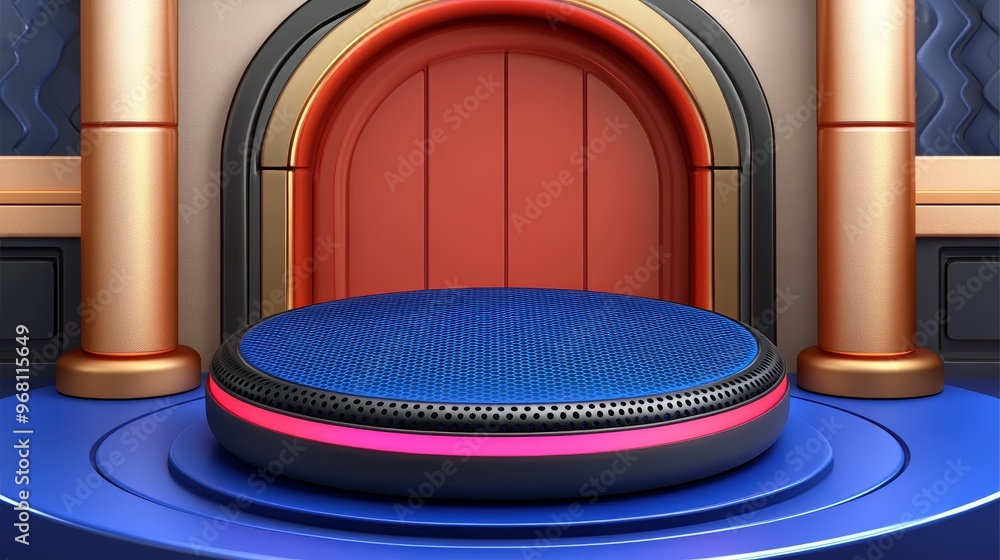 Poster a vibrant and modern stage backdrop featuring a circular platform with stylish design elements, perf