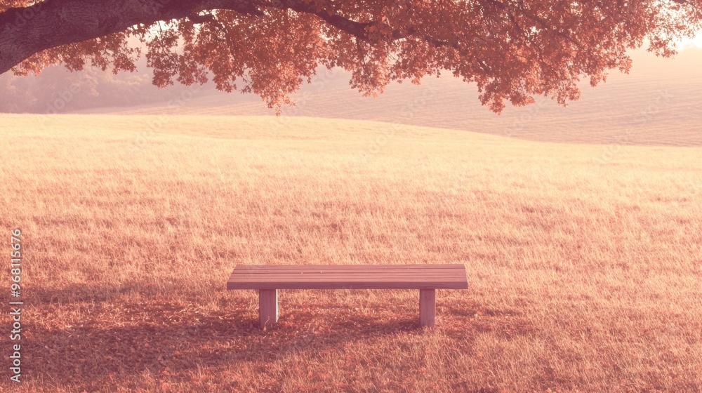 Poster rustic bench under autumn oak tree in sunlit field