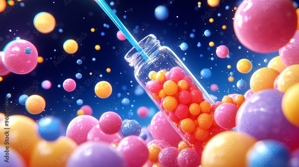 Poster a vibrant arrangement of colorful spheres surrounding a transparent bottle with a straw, creating a 