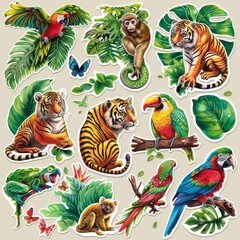 Fototapeta premium A sticker sheet with exotic jungle animals, including tigers, parrots, monkeys, and tropical frogs