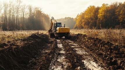 Fototapeta premium Excavator on a Muddy Road in Autumn