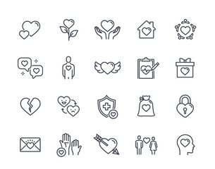 Heart line icon set. Simple symbols with charity, heartbeat, love and mental health. Editable stroke. Design element for app or website. Outline vector illustration collection isolated on background