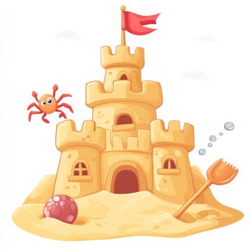 sand castle with crab and shovel clip art preview