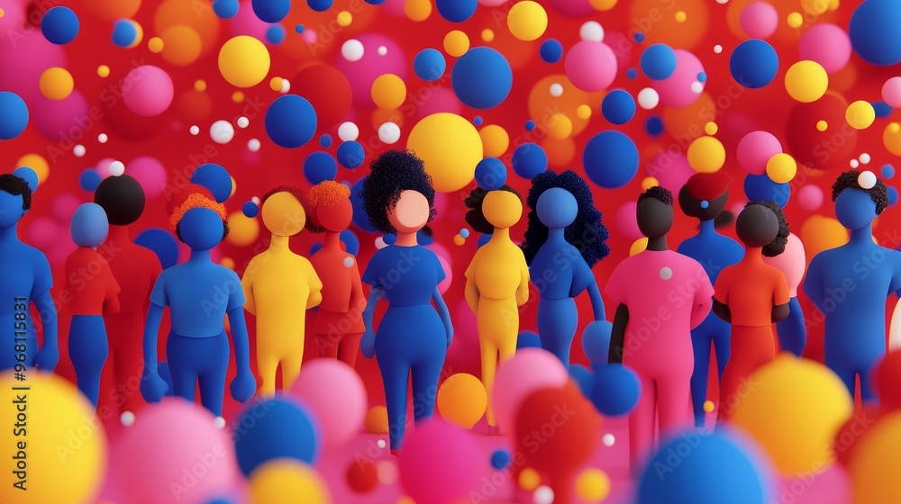 Poster a vibrant crowd of abstract figures surrounded by colorful spheres, representing diversity and unity