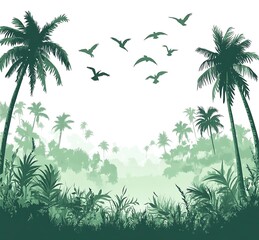 Fototapeta premium Green tropical jungle background with palm trees and birds.