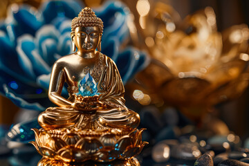 Fototapeta premium A gold statue of a Buddha is sitting on a blue flower.