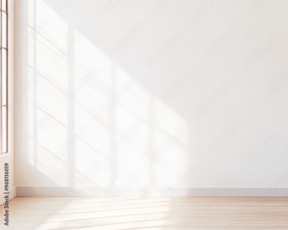 Poster minimalistic bright office wall with window shadows cast on smooth white surface and wooden floor