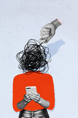 Vertical composite artwork collage image picture of arm control mess instead head girl smart phone...