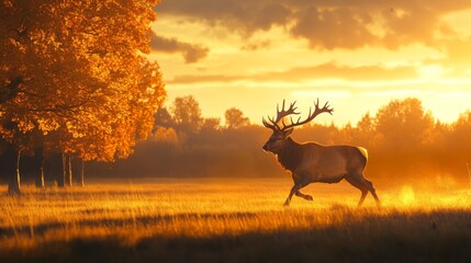 Majestic Red Deer Buck Running Through Golden Grass at Sunset
