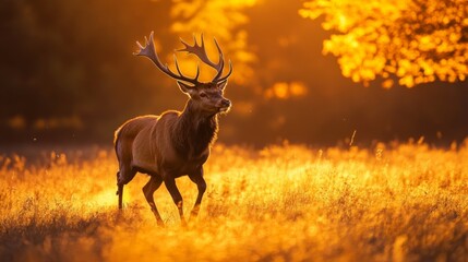 Red Deer Buck Standing in a Golden Meadow at Sunset