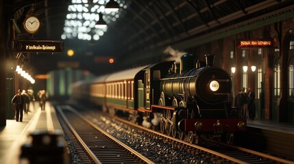 Obraz premium Historic steam train at a busy railway station platform during the evening rush hour with passengers waiting nearby