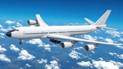 Obraz premium A white airplane flying through a clear blue sky with fluffy clouds, symbolizing travel and adventure in the aviation world.