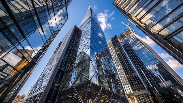Multiple exposure of futuristic modern office building skyscrapers in the financial district in London city, UK.