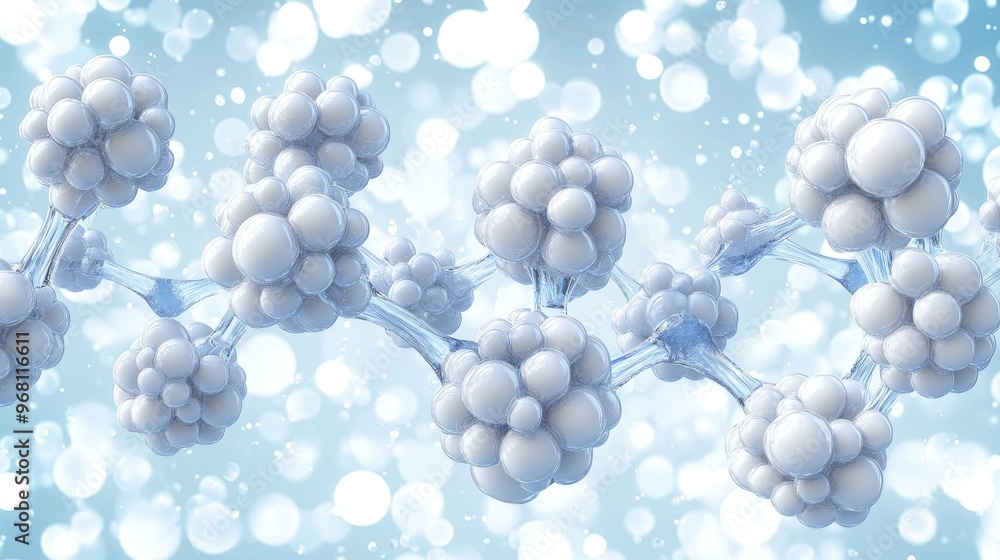 Poster abstract illustration of molecular structures with soft blue background, representing science and te