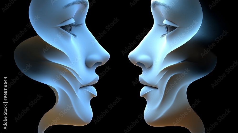 Poster abstract representation of two serene faces in profile, capturing a blend of emotions and fluid form
