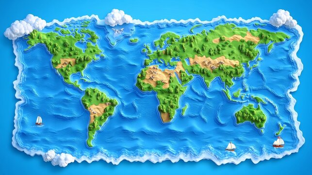 Fototapeta Colorful 3D world map illustration showcasing mountains, forests, and water, ideal for educational and travel-related projects.