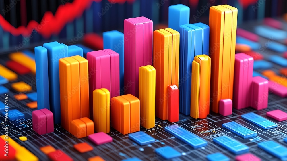Poster Colorful bar graph representing data trends on a digital interface, ideal for presentations and financial analysis.
