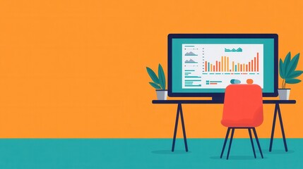 Fototapeta premium Modern Office Desk with Computer and Chair on Orange and Blue Background