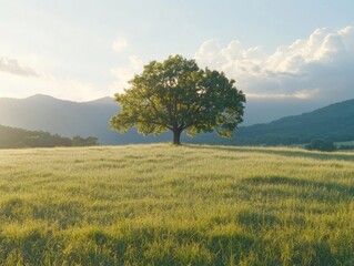 Fototapeta premium Solitary Oak Tree at Sunrise in Scenic Meadow - Symbol of Strength and Resilience