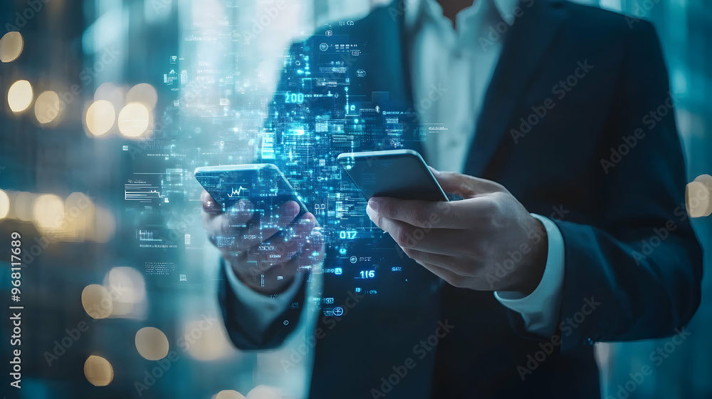 Poster a businessman utilizing a smartphone for transactions through a digital wallet, exemplifying advance