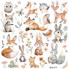 Naklejka premium A sticker sheet featuring a variety of forest animals, including foxes, deer, owls, and rabbits