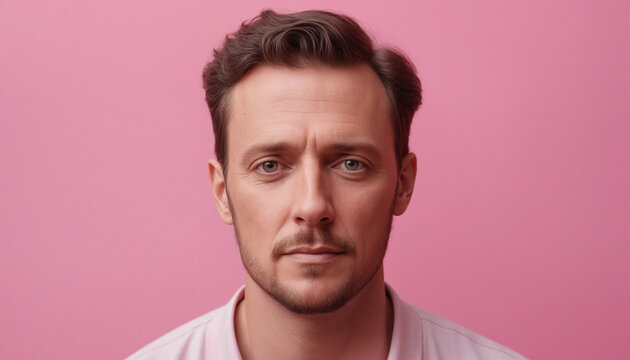 Portrait adulte homme brun employ&eacute; fatigu&eacute; d&eacute;prim&eacute; fond rose entretien embauche.