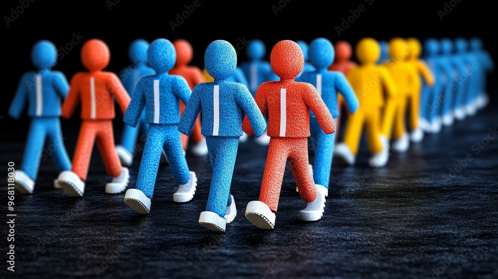 Poster colorful figurines represent teamwork and collaboration in a dynamic movement, showcasing unity and 