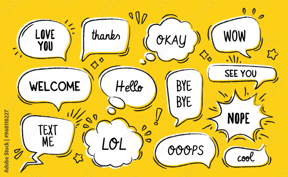 Poster set of speech bubbles. doodle stickers and clouds with various inscriptions and text. frames for quo