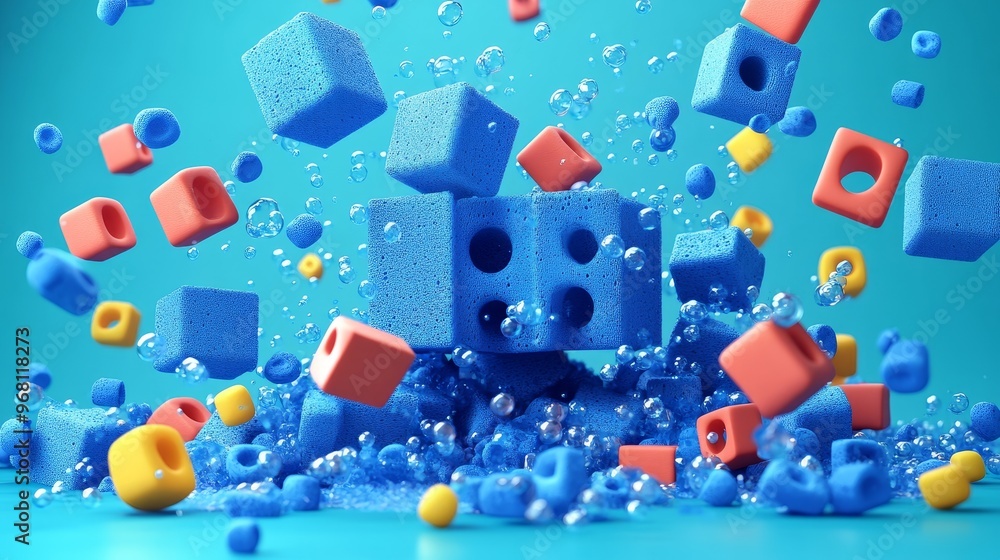 Poster colorful foam blocks splash in water, creating a dynamic and playful scene perfect for children's th