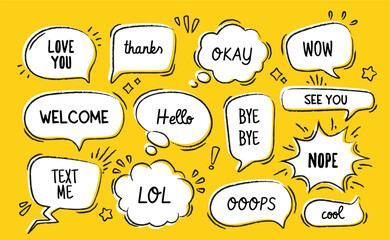 Set of speech bubbles. Doodle stickers and clouds with various inscriptions and text. Frames for quotes and messages. Design for social networks. Hand drawn vector illustration isolated on background